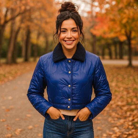 Poster GRL Women Puffer Cropped Jacket Sherpa Collar Streetwear Lightweight Coat - Picture 1 of 12